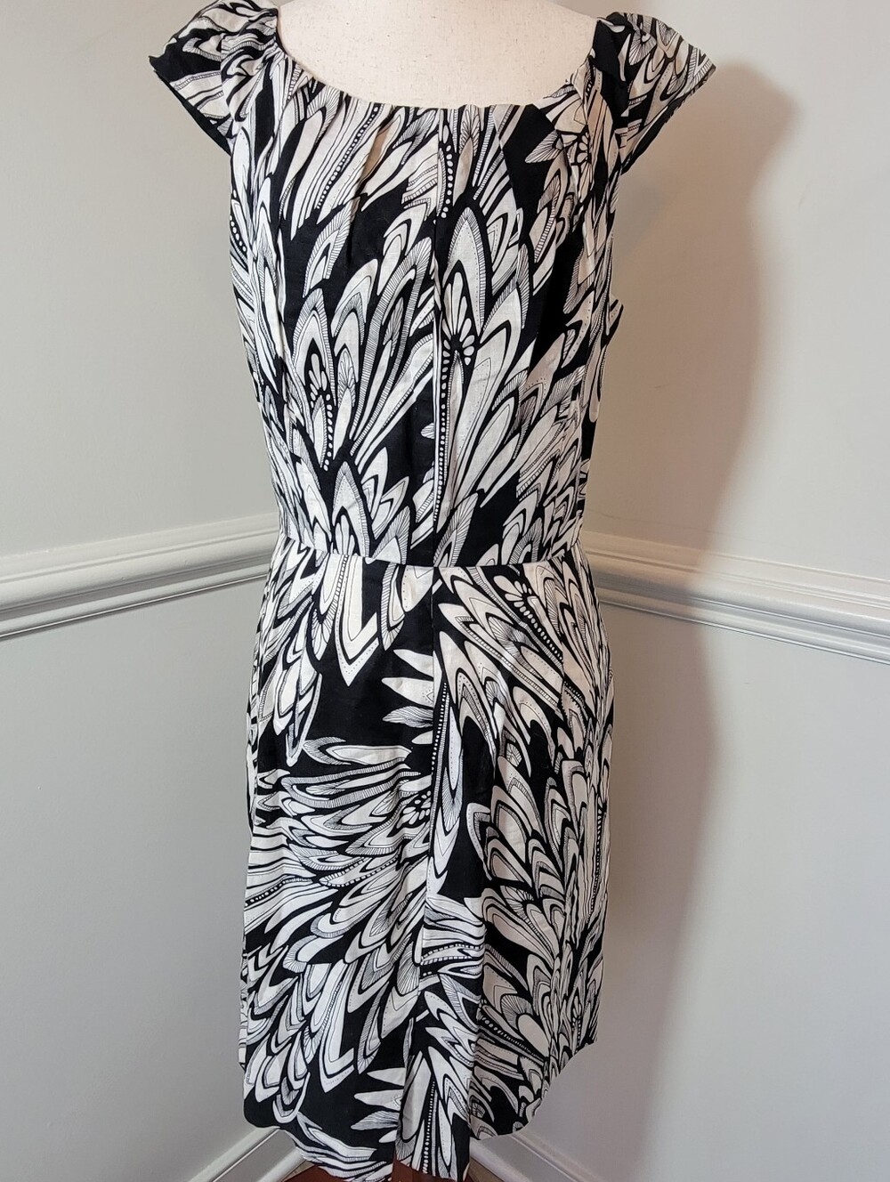 Spense Size 12 Linen Cotton Fit & Flare Dress Black Ivory Work Resort